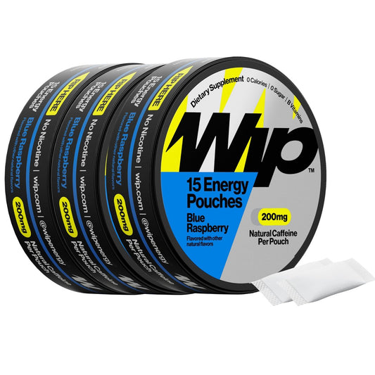 Wip Energy Pouches – Zuckerfreier Energiekick mit 200 mg natürlichem Koffein, B-Vitaminen, Mineralien & L-Theanin – Blaue Himbeere – 3 Dosen à 15 Beutel
