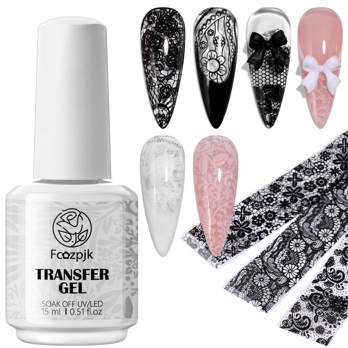 Fcozpjk Nagelfolienkleber 15ml mit 10 schwarzen & weißen Spitzen-Folien – UV-härtbarer Foil Transfer Gel für Nageldesign, abziehbar, für Heim- & Profi-Salon