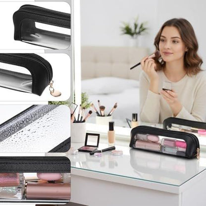 Josojoou 2er-Set durchsichtige Kosmetiktasche, tragbare kleine Make-up-Tasche aus PU-Leder, wasserdicht, mit Reißverschluss, ideal für Zuhause und Reisen (Apricot Schwarz)