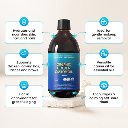 Skinetry Bio Rizinusöl – 16,9 oz (500 ml) – 100 % rein für Haare, Haut, Nägel, Augenbrauen & Wimpern – Tiefenhydratation & Glättung – Fördert Haar- & Augenbrauenwachstum – Hexanfrei – USDA-zertifiziert