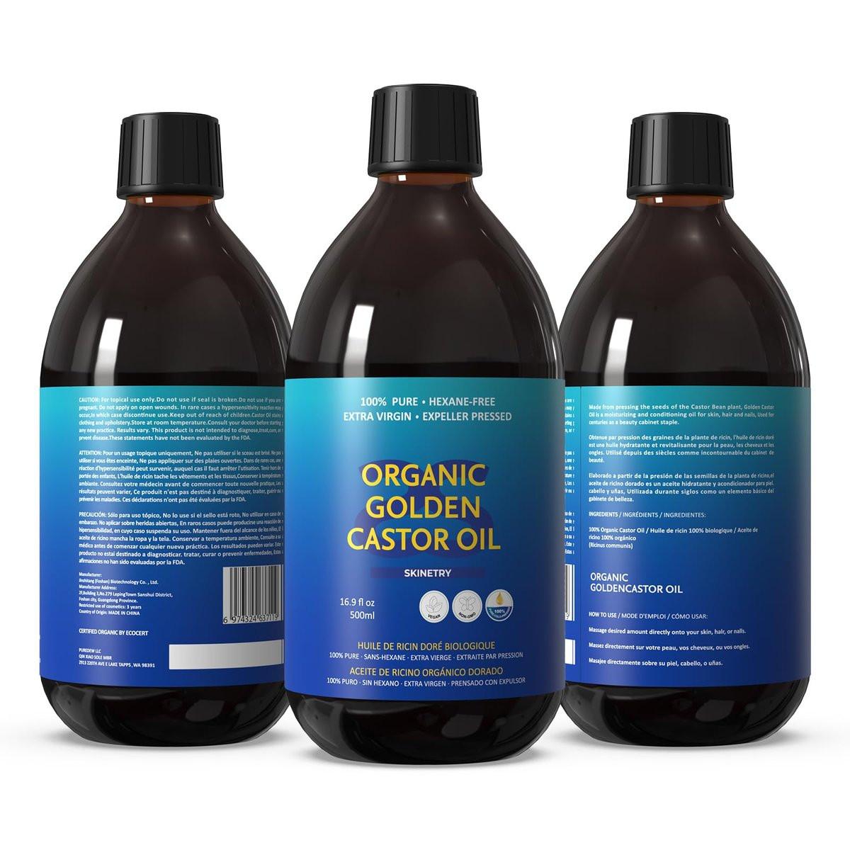 Skinetry Bio Rizinusöl – 16,9 oz (500 ml) – 100 % rein für Haare, Haut, Nägel, Augenbrauen & Wimpern – Tiefenhydratation & Glättung – Fördert Haar- & Augenbrauenwachstum – Hexanfrei – USDA-zertifiziert