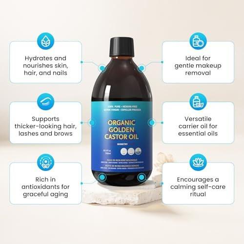 Skinetry Bio Rizinusöl – 16,9 oz (500 ml) – 100 % rein für Haare, Haut, Nägel, Augenbrauen & Wimpern – Tiefenhydratation & Glättung – Fördert Haar- & Augenbrauenwachstum – Hexanfrei – USDA-zertifiziert