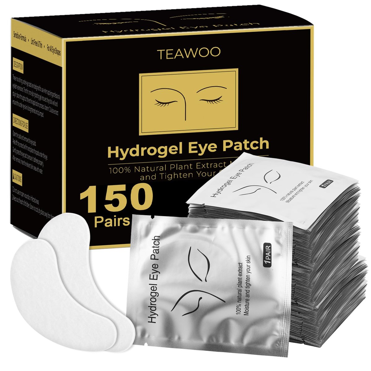 TEAWOO 150 Paar Hydrogel Augenpads für Wimpernverlängerung & Wimpernfärbung – mit Aloe Vera