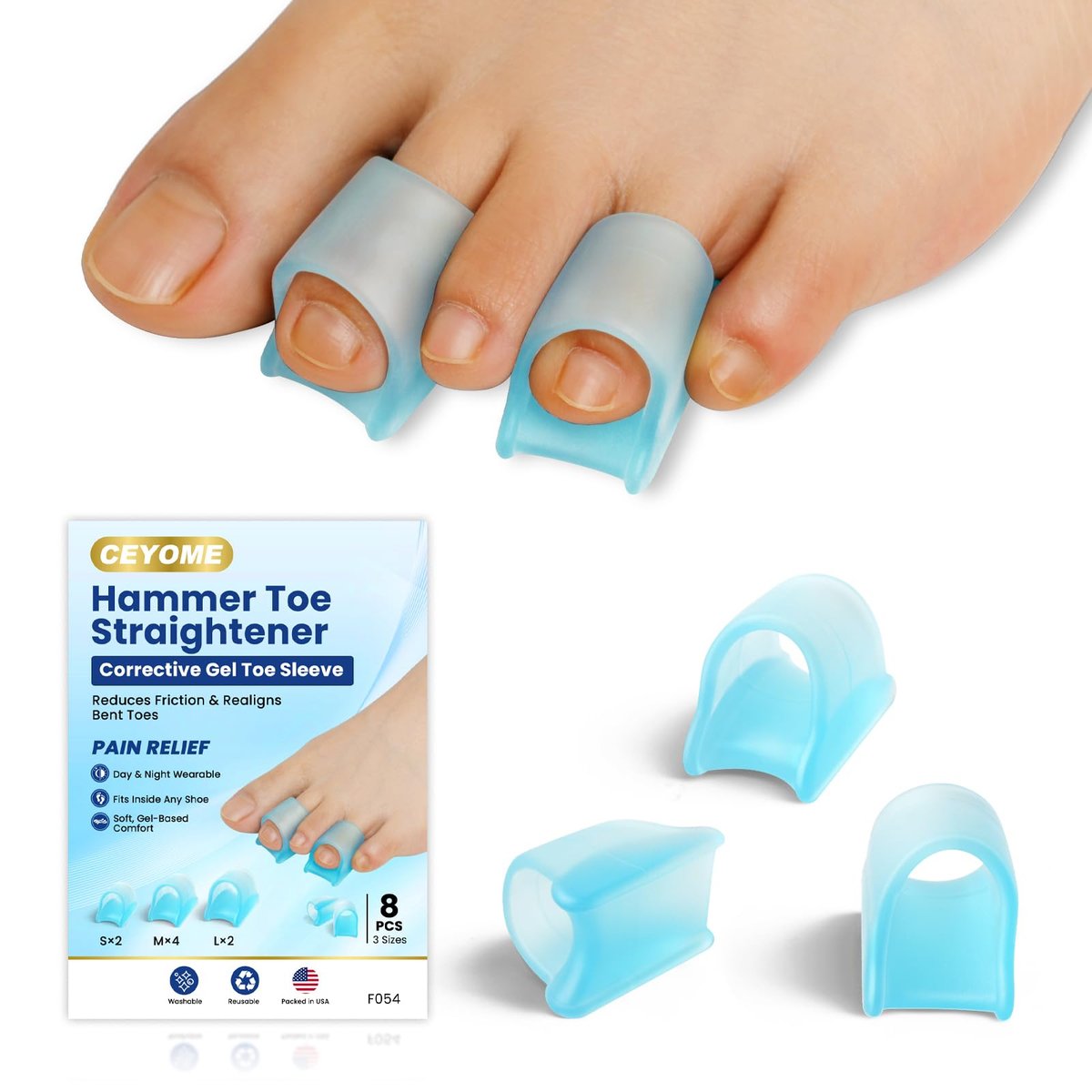 CEYOME Hammer Toe Straightener für Damen & Herren - 8 Stück Gel Zehenkorrektor & Gel Zehenschienen für gekrümmte, krumme & Krallenzehen - Weiche Zehenstützkorrektur in 3 Größen (S/M/L, Blau)