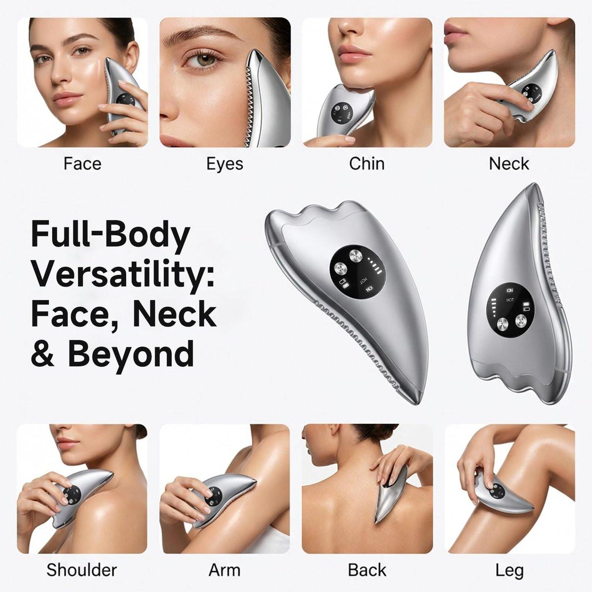 Elektrisches Gesichtsmassagegerät mit Mikrostrom & Wärme – 2-in-1 Dual-Sided Gua Sha für Kinn, Arme, Beine – Geräuschloses Facial Tool für Straffung, Konturierung & Hautpflege