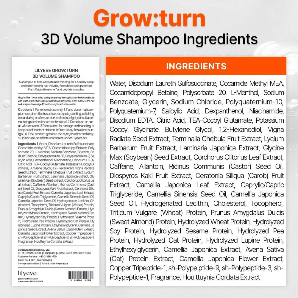 lilyeve GROWTURN 3D Volume Shampoo – Haarwuchs-Shampoo mit Hearthleaf-Exosomen für mehr Dicke und Volumen, koreanische Haarpflege – 480 ml