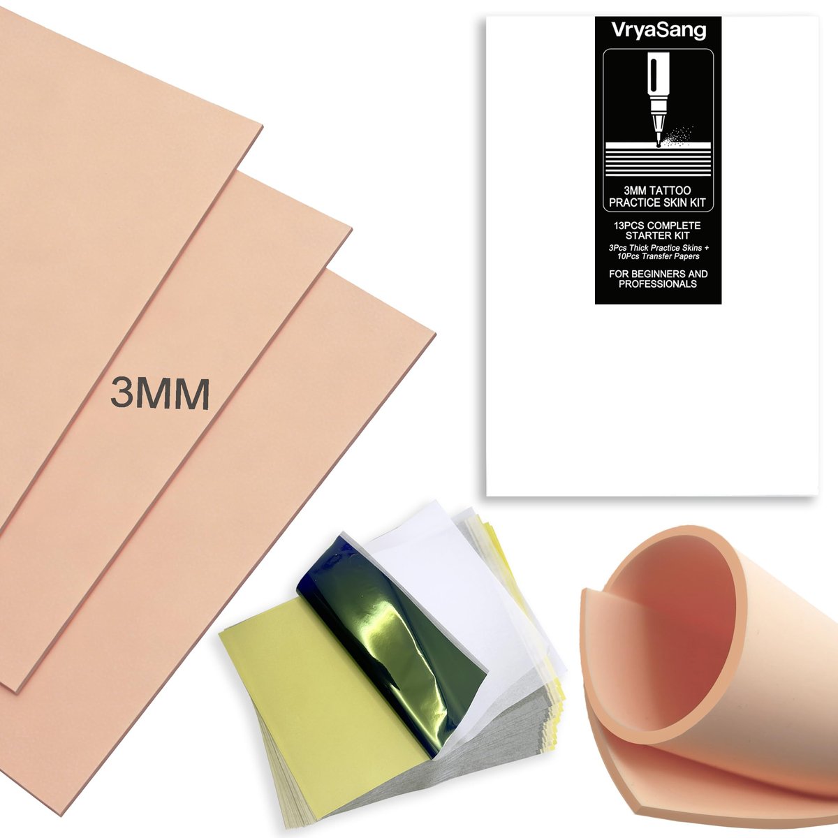 VryaSang Premium 3MM Doppelseitiges Tattoo-Übungshaut-Set, 13-teilig - 3 dicke blanke Kunsthäute & 10 Schablonen-Transferpapiere für Anfänger & Profi-Künstler Tattoo-Zubehör