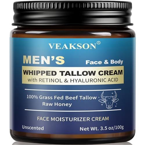 veakson Männer Rindertalg für die Haut, Bio geschlagener Grasgefütterter Talg & Honigbalsam mit Anti-Aging Retinol & Hyaluronsäure, Herren Gesichtscreme Feuchtigkeitscreme, Reduziert Falten, Ungesüßt, 99 g