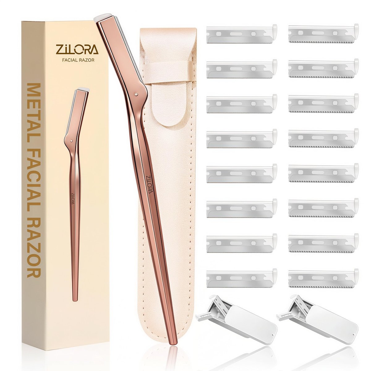 ZiLORA Metal Face Razor für Frauen – Dermaplaning-Werkzeug mit 16 Ersatzklingen (Breit & Micro), Gesichtshaarentferner & Augenbrauentrimmer, Roségold