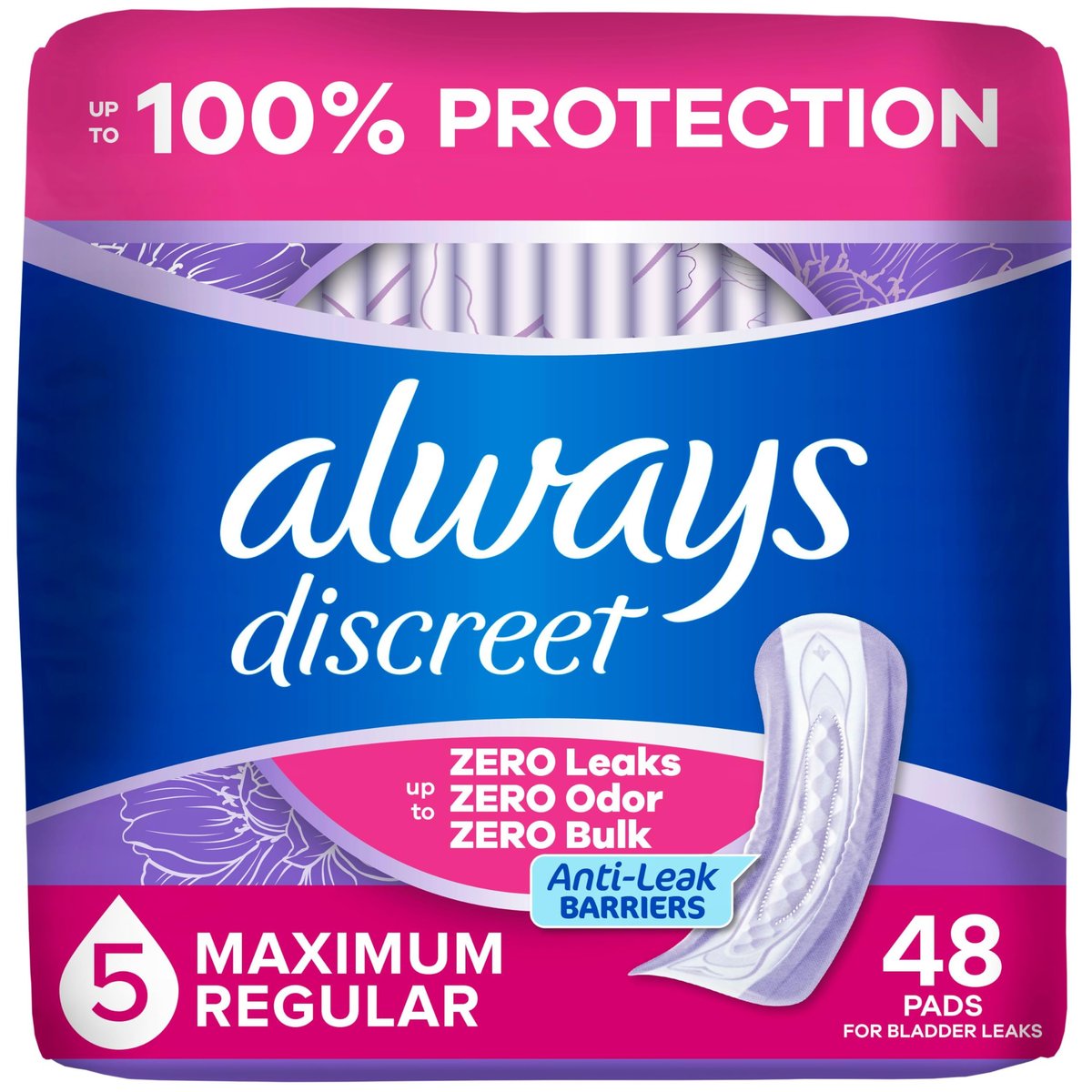 Always Discreet Inkontinenz-Einlagen für Frauen, Maximal Saugfähig, Reguläre Länge, Wochenbett-Einlagen, bis zu 100% Blasenschutz, 48 Stück