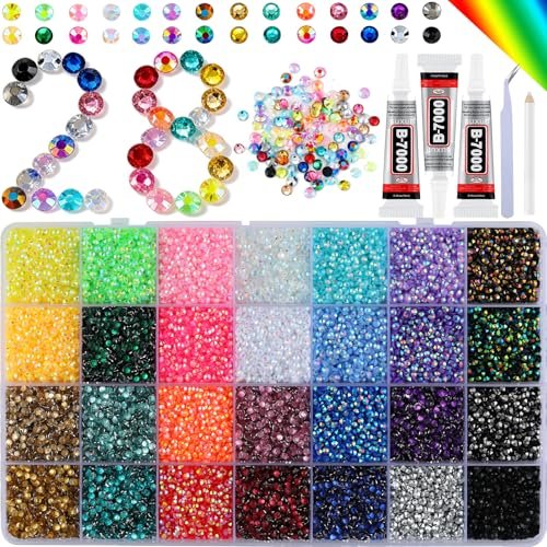 28 Farben Resin Jelly Gems Bedazzling Kit – 3mm Flachrückseite Strasssteine für Nagelkunst, Kleidung, Schuhe, DIY Schmuck – inklusive 3 Flaschen B7000 Kleber, wetterbeständig