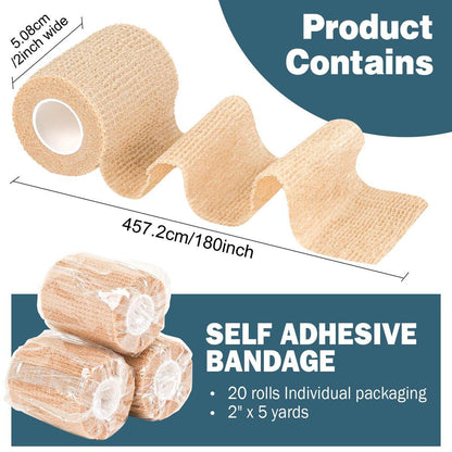 AZEN 20er Pack Selbstklebender elastischer Verband, Hautfarbenes Sporttape, Veterinärwickel, Knöchelbandage 5 cm
