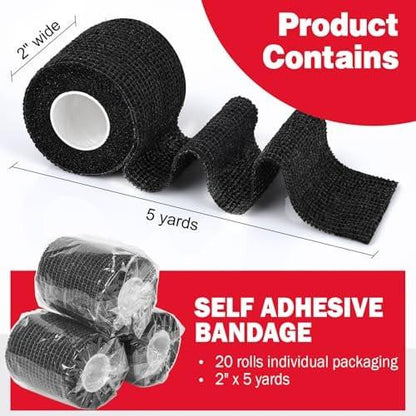 AZEN 20er-Pack Selbstklebende Bandage Wickel Schwarz - Sporttape, Veterinärbandage, Tattoo-Griffband, Knöchelbandage, Kohäsive Bandage