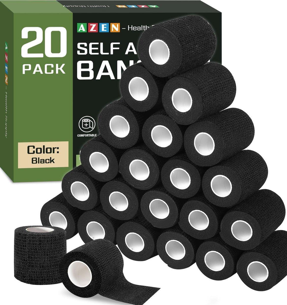 AZEN 20er-Pack Selbstklebende Bandage Wickel Schwarz - Sporttape, Veterinärbandage, Tattoo-Griffband, Knöchelbandage, Kohäsive Bandage