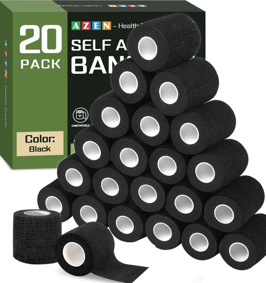 AZEN 20er-Pack Selbstklebende Bandage Wickel Schwarz - Sporttape, Veterinärbandage, Tattoo-Griffband, Knöchelbandage, Kohäsive Bandage