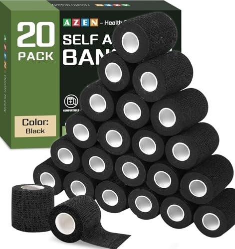 AZEN 20er-Pack Selbstklebende Bandage Wickel Schwarz - Sporttape, Veterinärbandage, Tattoo-Griffband, Knöchelbandage, Kohäsive Bandage