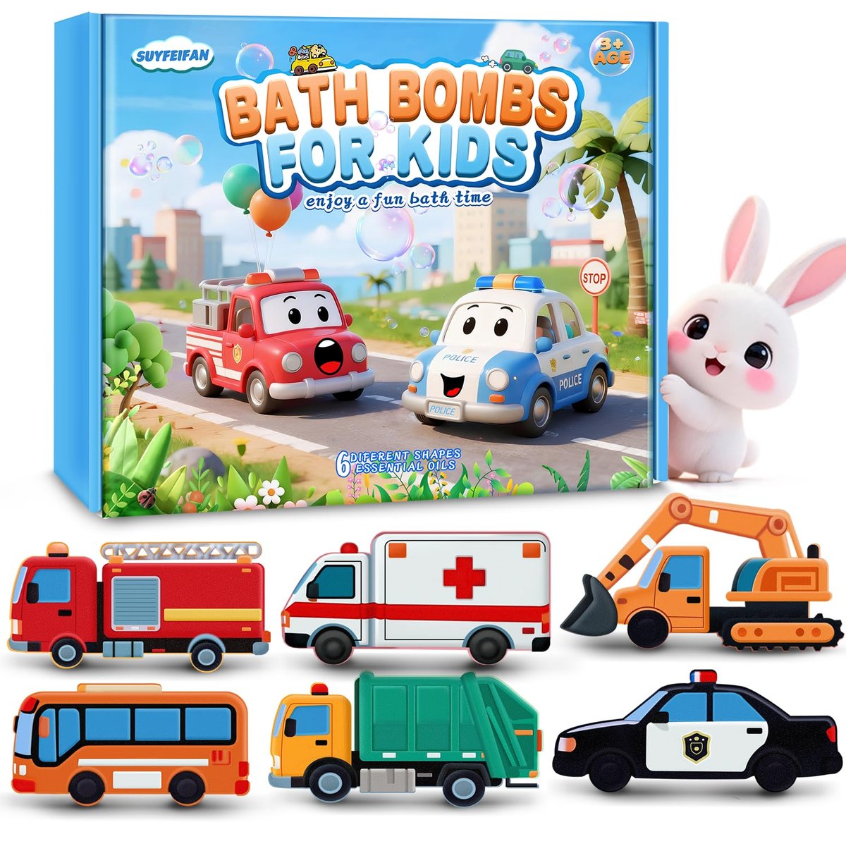 Badebomben für Kinder – handgefertigte Fahrzeug-Badebomben, 6er-Pack, natürliche Bio-Badebomben in Form von Baggern, Polizeiautos, Schulbussen, Feuerwehrautos – perfektes Muttertagsgeschenk für Mädchen
