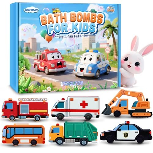 Badebomben für Kinder – handgefertigte Fahrzeug-Badebomben, 6er-Pack, natürliche Bio-Badebomben in Form von Baggern, Polizeiautos, Schulbussen, Feuerwehrautos – perfektes Muttertagsgeschenk für Mädchen