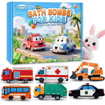 Badebomben für Kinder – handgefertigte Fahrzeug-Badebomben, 6er-Pack, natürliche Bio-Badebomben in Form von Baggern, Polizeiautos, Schulbussen, Feuerwehrautos – perfektes Muttertagsgeschenk für Mädchen
