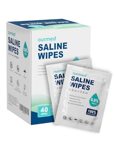 Ourmed Kochsalzlösung-Tücher 40 Stück, steril, unparfümiert, sanfte Baumwolltücher für Baby & Kinder, Augen-, Nasen- und Gesichtspflege, hypoallergen für empfindliche Haut, Piercing-Nachsorge und Wundreinigung