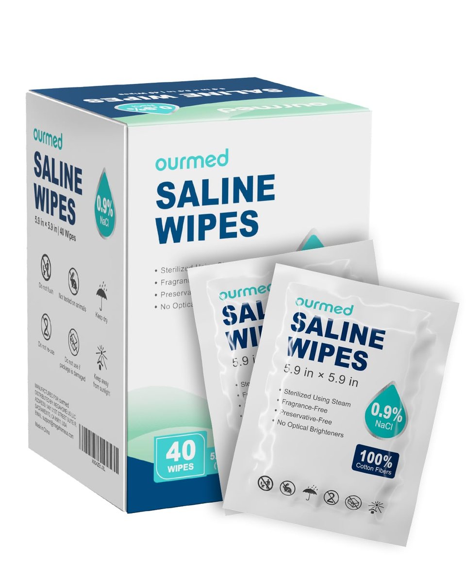 Ourmed Kochsalzlösung-Tücher 40 Stück, steril, unparfümiert, sanfte Baumwolltücher für Baby & Kinder, Augen-, Nasen- und Gesichtspflege, hypoallergen für empfindliche Haut, Piercing-Nachsorge und Wundreinigung