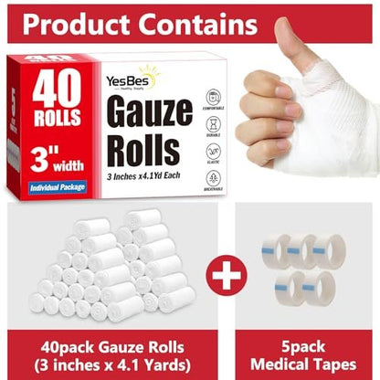 YesBes 40er-Pack Mullbinden, 3 Zoll x 4,1 Yards, Premium-Wundverband, Rollen, individuell verpackt