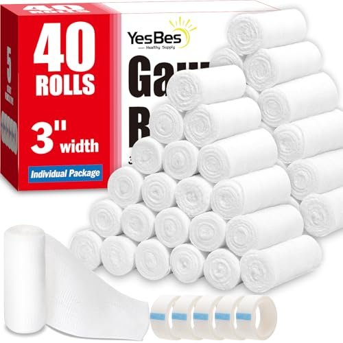 YesBes 40er-Pack Mullbinden, 3 Zoll x 4,1 Yards, Premium-Wundverband, Rollen, individuell verpackt