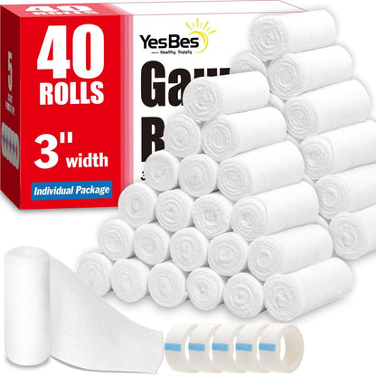 YesBes 40er-Pack Mullbinden, 3 Zoll x 4,1 Yards, Premium-Wundverband, Rollen, individuell verpackt