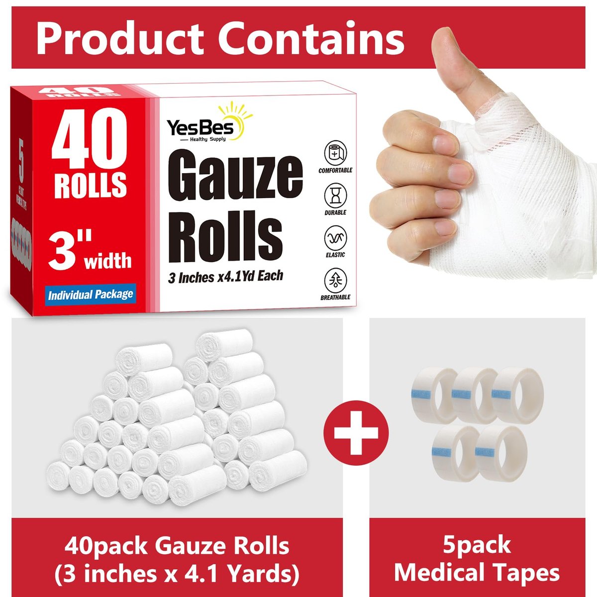 YesBes 40er-Pack Mullbinden, 3 Zoll x 4,1 Yards, Premium-Wundverband, Rollen, individuell verpackt