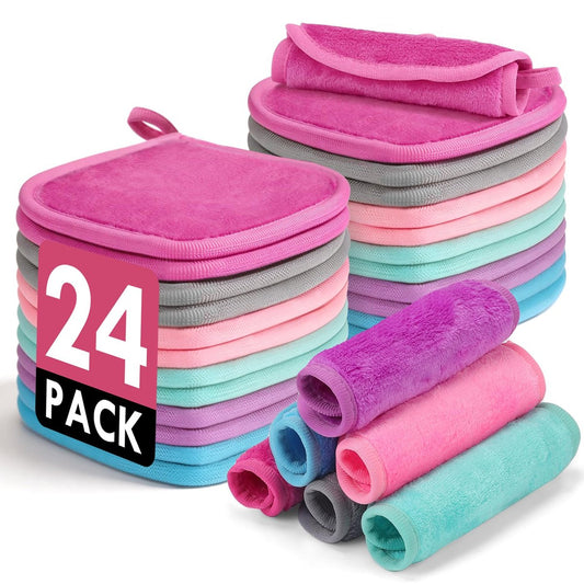 Wiederverwendbare Abschminktücher 24er Pack, 6,5"x6,5" Superweiche Mikrofaser-Gesichtstücher für alle Hauttypen, tragbare Reinigungstücher zum Entfernen von Make-up nur mit Wasser