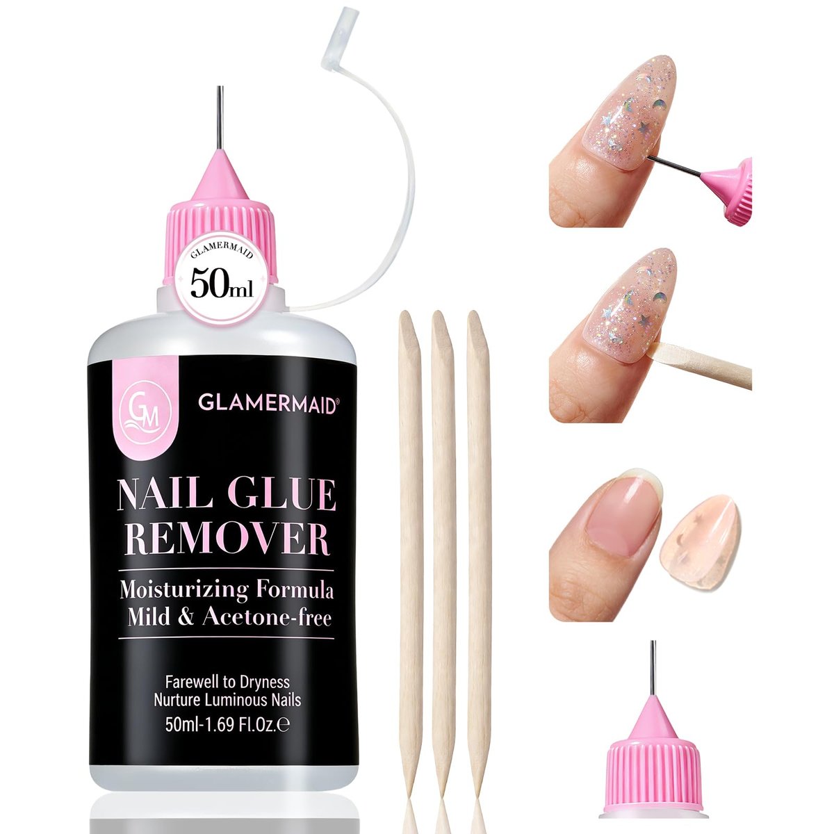 GLAMERMAID 50 ml Pinpoint Nagellackentferner für Press-on-Nägel, ohne Aceton, mit 3 Orangewood-Stäbchen, multifunktionaler sanfter Kleberentferner für Nageltipps, Acrylnägel, künstliche Nägel
