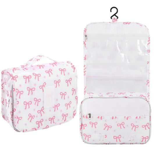 Pengxiaomei Hängende Kulturtasche, Rosa Schleife Wasserfeste Kosmetiktasche, Tragbare Make-up-Tasche mit Griff für Kinder, Teenager-Mädchen, Teeparty, Frühlingsparty, Muttertagsgeschenke