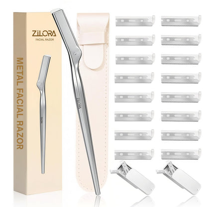ZiLORA Metall-Gesichtsrasierer für Frauen – Dermaplaning-Werkzeug mit 16 Ersatzklingen (Breit & Micro), Silber