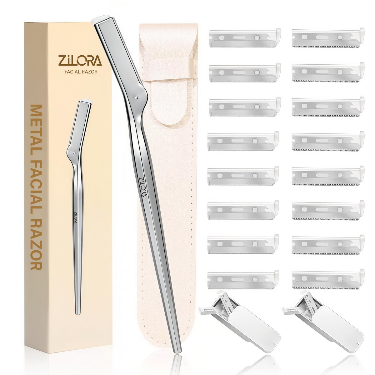 ZiLORA Metall-Gesichtsrasierer für Frauen – Dermaplaning-Werkzeug mit 16 Ersatzklingen (Breit & Micro), Silber