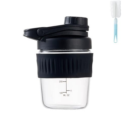12oz Glas-Shakerflasche für Protein – Kleine Borosilikatglas-Proteinshaker Tasse mit 304 Edelstahl-Mischkugel, auslaufsicher (12 oz, Schwarz)