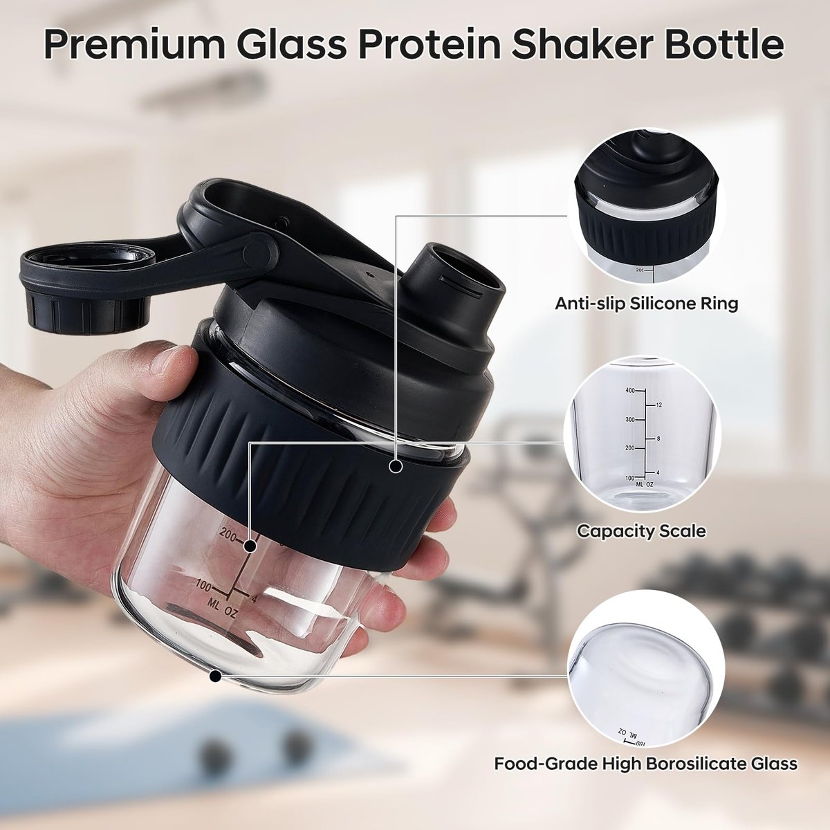 12oz Glas-Shakerflasche für Protein – Kleine Borosilikatglas-Proteinshaker Tasse mit 304 Edelstahl-Mischkugel, auslaufsicher (12 oz, Schwarz)
