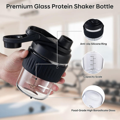 12oz Glas-Shakerflasche für Protein – Kleine Borosilikatglas-Proteinshaker Tasse mit 304 Edelstahl-Mischkugel, auslaufsicher (12 oz, Schwarz)