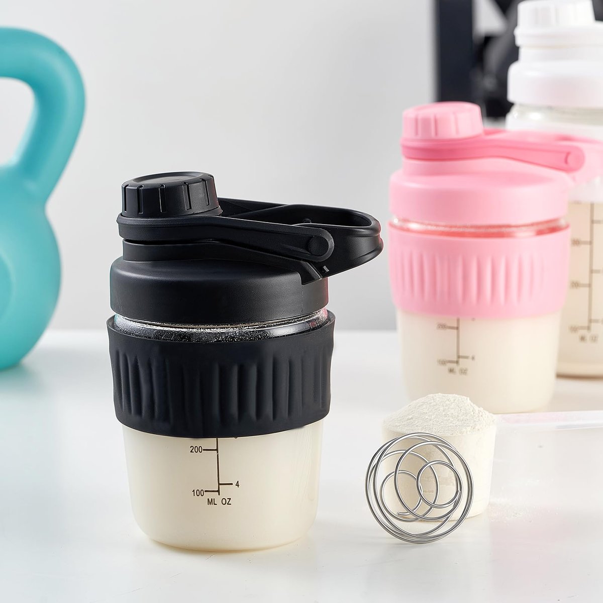 12oz Glas-Shakerflasche für Protein – Kleine Borosilikatglas-Proteinshaker Tasse mit 304 Edelstahl-Mischkugel, auslaufsicher (12 oz, Schwarz)