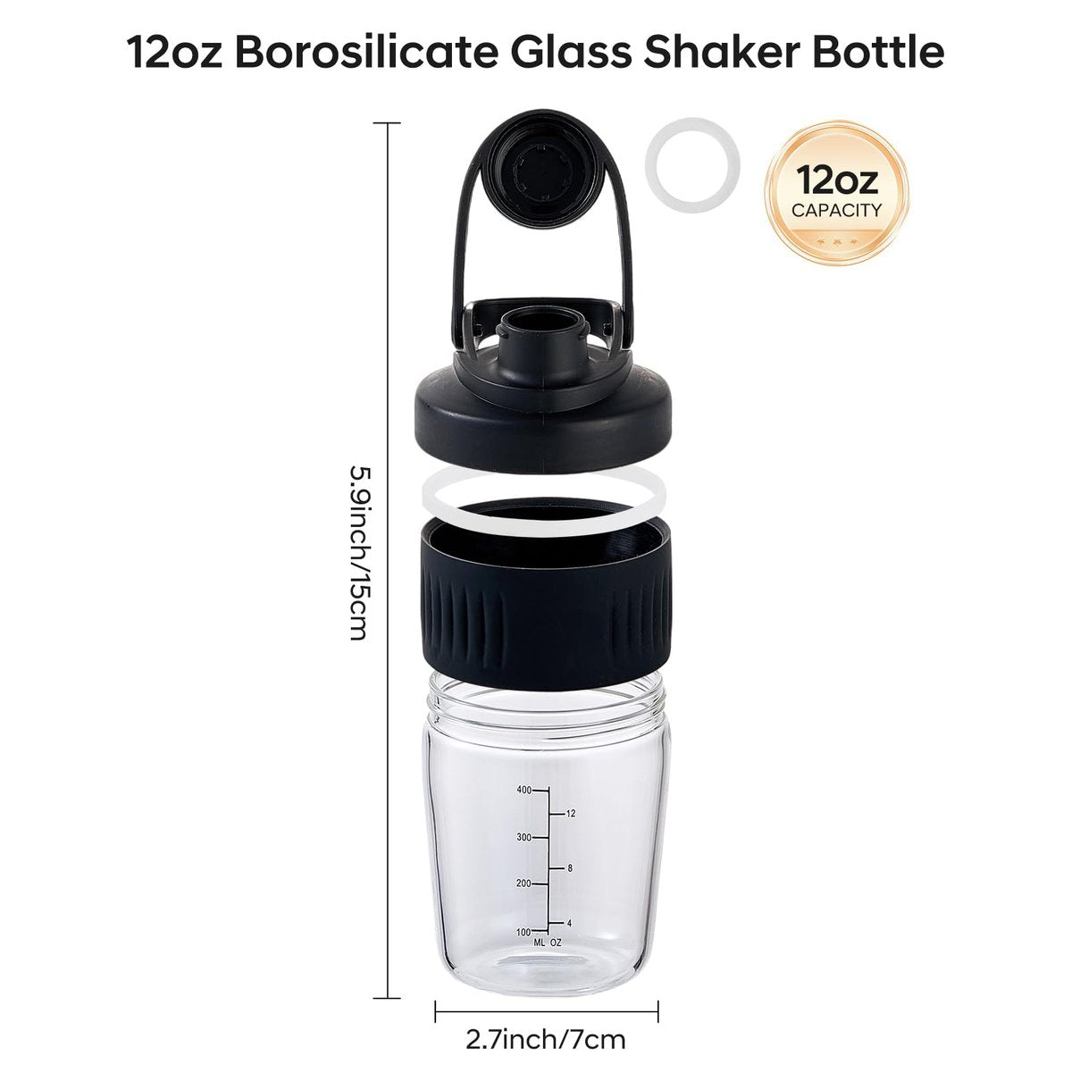 12oz Glas-Shakerflasche für Protein – Kleine Borosilikatglas-Proteinshaker Tasse mit 304 Edelstahl-Mischkugel, auslaufsicher (12 oz, Schwarz)