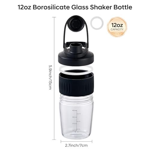 12oz Glas-Shakerflasche für Protein – Kleine Borosilikatglas-Proteinshaker Tasse mit 304 Edelstahl-Mischkugel, auslaufsicher (12 oz, Schwarz)