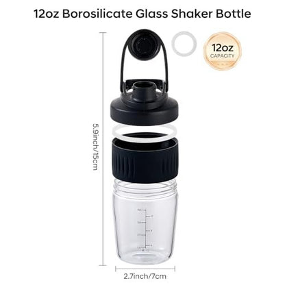 12oz Glas-Shakerflasche für Protein – Kleine Borosilikatglas-Proteinshaker Tasse mit 304 Edelstahl-Mischkugel, auslaufsicher (12 oz, Schwarz)