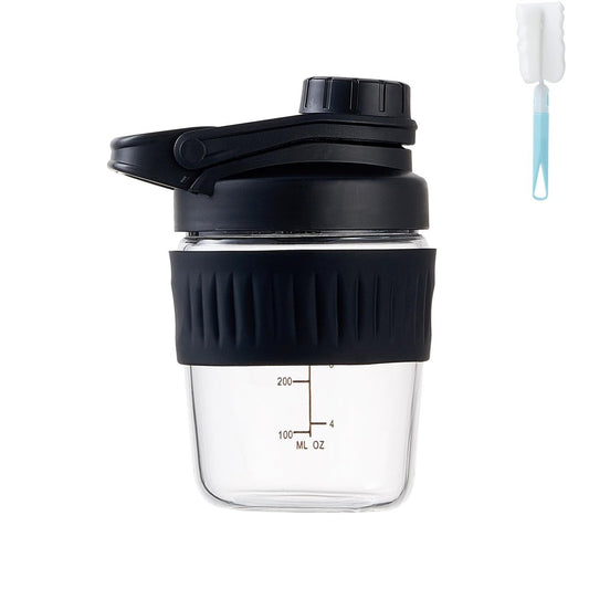 12oz Glas-Shakerflasche für Protein – Kleine Borosilikatglas-Proteinshaker Tasse mit 304 Edelstahl-Mischkugel, auslaufsicher (12 oz, Schwarz)