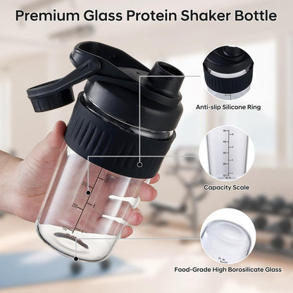 ShakeXpert 16oz Glas-Shakerflasche für Protein, Kleine Borosilikatglas-Proteinshaker-Becher mit auslaufsicherem Deckel und 304 Edelstahl-Mischkugel (16oz, Schwarz)