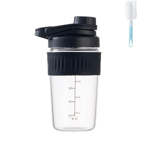 ShakeXpert 16oz Glas-Shakerflasche für Protein, Kleine Borosilikatglas-Proteinshaker-Becher mit auslaufsicherem Deckel und 304 Edelstahl-Mischkugel (16oz, Schwarz)