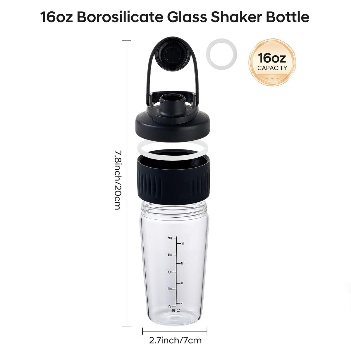 ShakeXpert 16oz Glas-Shakerflasche für Protein, Kleine Borosilikatglas-Proteinshaker-Becher mit auslaufsicherem Deckel und 304 Edelstahl-Mischkugel (16oz, Schwarz)