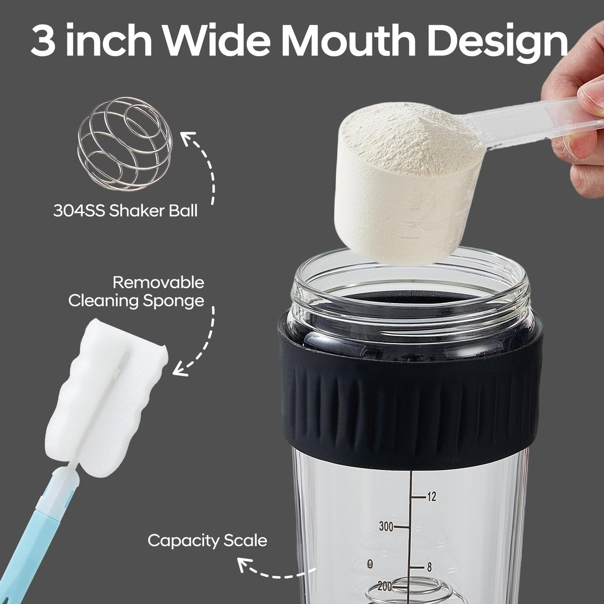 ShakeXpert 16oz Glas-Shakerflasche für Protein, Kleine Borosilikatglas-Proteinshaker-Becher mit auslaufsicherem Deckel und 304 Edelstahl-Mischkugel (16oz, Schwarz)