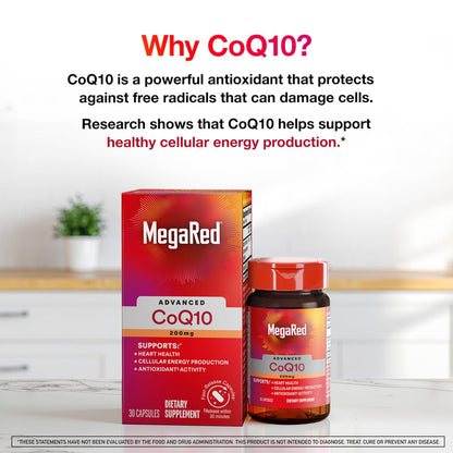 MegaRed Advanced CoQ10 – 200 mg Coenzym Q10 pro Portion, 30 Kapseln, Antioxidans zur Unterstützung der Zellenergieproduktion und Schutz vor freien Radikalen