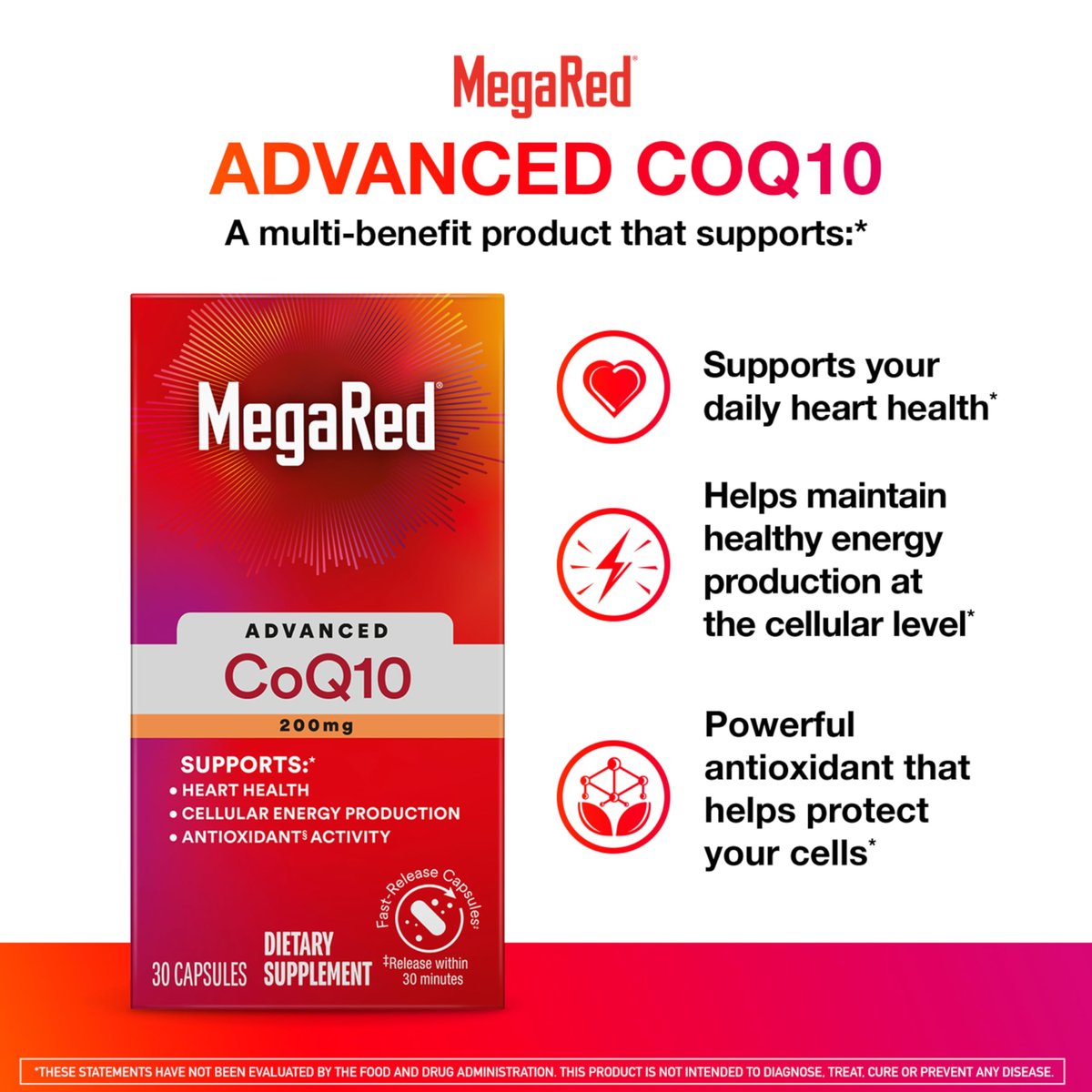 MegaRed Advanced CoQ10 – 200 mg Coenzym Q10 pro Portion, 30 Kapseln, Antioxidans zur Unterstützung der Zellenergieproduktion und Schutz vor freien Radikalen