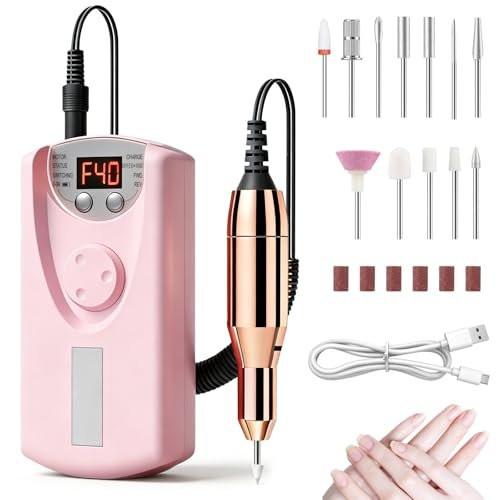 Professioneller elektrischer Nagelbohrer 40000 U/min, kabelloser Nagelfeiler mit 12 Bohraufsätzen, wiederaufladbar für Acryl-Gel-Polieren, Maniküre zu Hause und im Salon