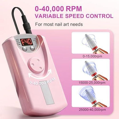 Professioneller elektrischer Nagelbohrer 40000 U/min, kabelloser Nagelfeiler mit 12 Bohraufsätzen, wiederaufladbar für Acryl-Gel-Polieren, Maniküre zu Hause und im Salon